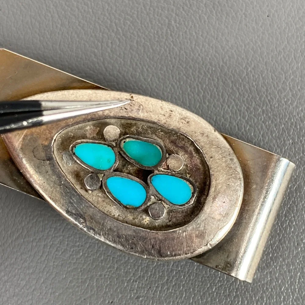 Vintage Southwestern Native Style Sterling Silver Turquoise Inlay Money Clip